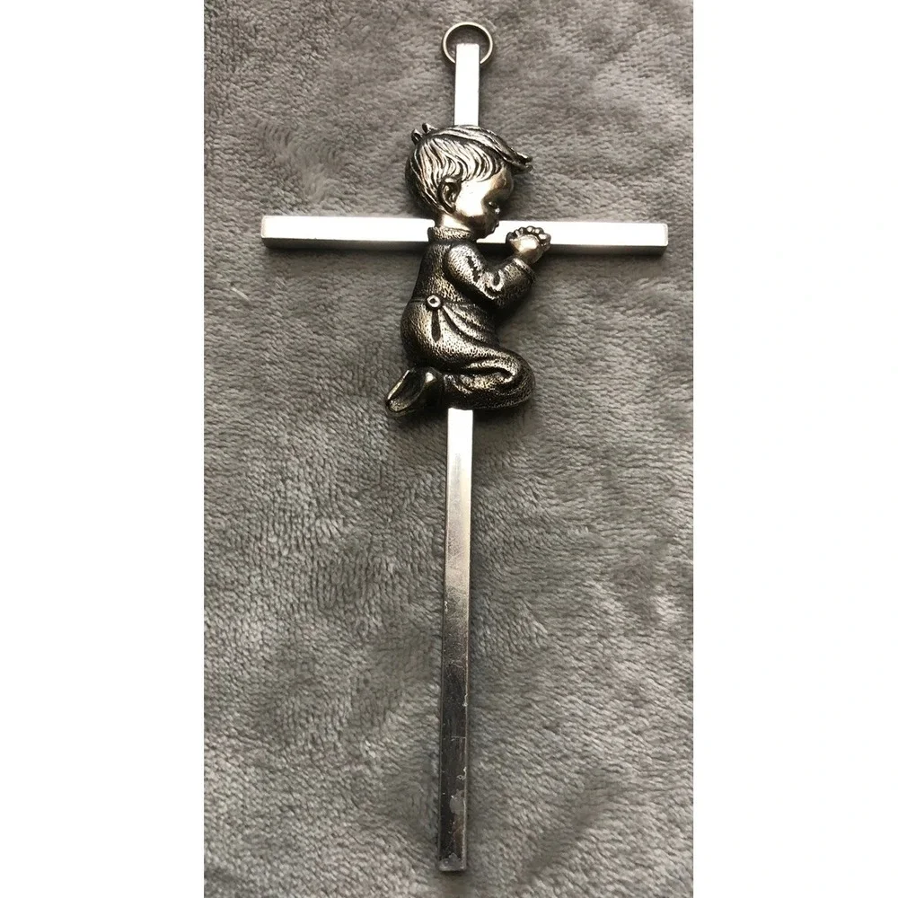 Childrens Hanging Nursery Wall Cross w Praying Boy‎ Silver Tone 6